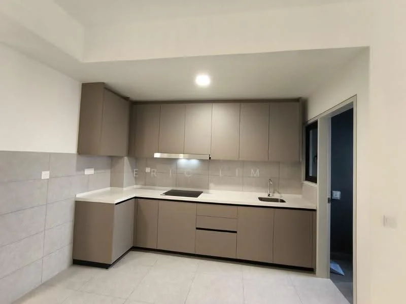 Kitchen features: grey cabinetry, white countertop, single-bowl stainless-steel sink, chrome pull-down faucet, built-in oven, 4-burner gas hob, exhaust hood, tile backsplash, light grey tile flooring, recessed downlights, floor-to-ceiling window, open shelving; style: modern.