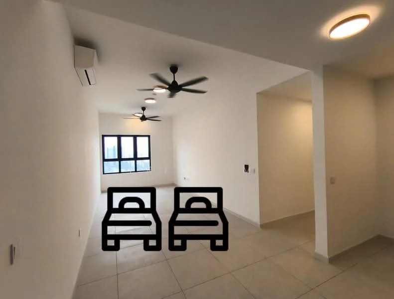 Room features: white painted walls, tile flooring, 2 ceiling fans, 1 wall-mounted split AC, large window, recessed lighting; style: modern; view: city.