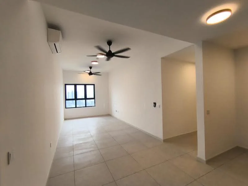 Living features: white painted walls, tile flooring, 5-blade ceiling fan with light, 2 wall-mounted split AC units, large windows, neutral color palette, recessed lighting; style: modern; view: city.
