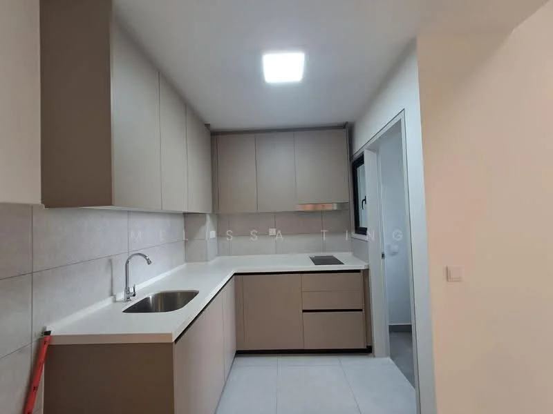Kitchen features: single-bowl stainless-steel sink, chrome pull-down faucet, white quartz countertop, light grey cabinetry, built-in oven, induction hob, tile backsplash, recessed LED downlights, grey tile flooring, wall-mounted cabinets, open shelving, window for natural light; style: modern.