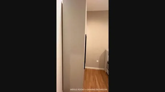Room features: light wood flooring, neutral painted walls, built-in wardrobe, door leading to bathroom, corner of a room visible.