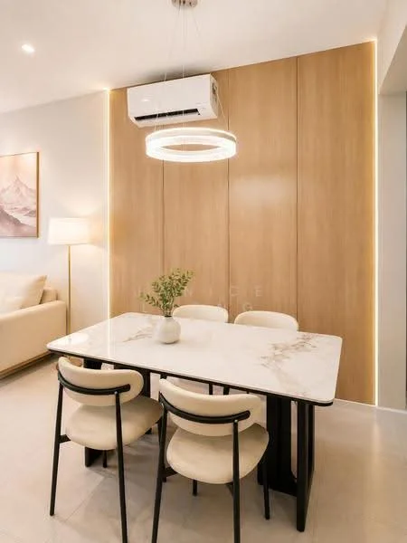 Dining features: marble dining table, 4 upholstered dining chairs, wall-mounted air conditioning unit, wood panel accent wall, recessed LED lighting, pendant light fixture, neutral wall color, light-colored flooring; style: modern.