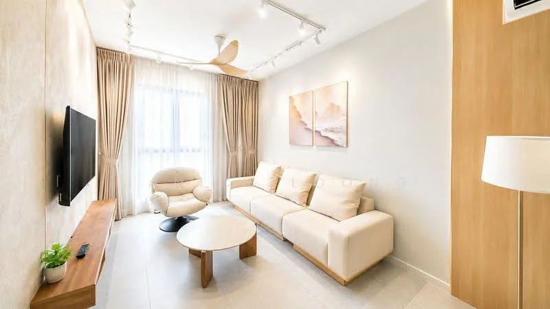 Living features: 3-seater fabric sofa in cream, round coffee table with marble top, wall-mounted TV, floor-to-ceiling windows with sheer curtains, 5-blade ceiling fan, light-colored walls, wooden TV console, decorative artwork on wall, laminate flooring, recessed LED downlights, floor lamp; style: modern.