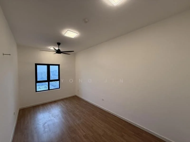 Room features: white painted walls, laminate flooring, ceiling fan, floor-to-ceiling window, city view, recessed ceiling lights; style: modern; view: city.