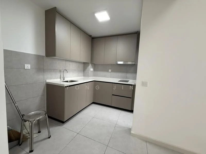 Kitchen features: L-shaped kitchen layout, light brown flat-panel cabinets, white countertop, stainless-steel sink, chrome pull-down faucet, built-in induction cooktop, wall-mounted range hood, grey ceramic tile flooring, recessed LED downlights, white painted walls, single metal stool; style: modern.