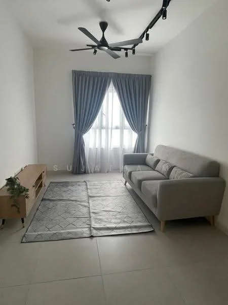 Living features: grey fabric 3-seater sofa, light grey area rug, wooden TV console, floor-to-ceiling window, sheer curtains, dark grey curtains, 5-blade ceiling fan with light, neutral painted walls, tile flooring; style: modern.