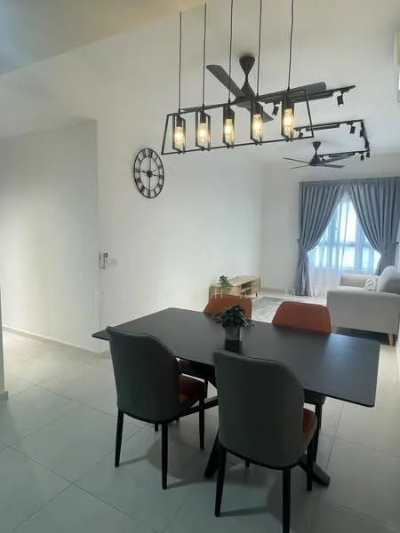 Dining features: 6-seater dining table, upholstered dining chairs in grey and orange, pendant lighting with multiple bulbs, wall clock, light grey walls, tile flooring, floor-to-ceiling windows with sheer curtains, open layout to living area; style: modern. Living features: sofa in light colour, coffee table, area rug, TV console, light grey walls, floor-to-ceiling windows with sheer curtains; style: modern.