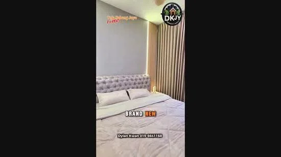 Bedroom features: king-size bed with upholstered headboard, white bedding, grey accent wall, floor-to-ceiling windows with sheer curtains, wooden flooring, decorative wall paneling, bedside lamps, built-in wardrobe; style: modern.