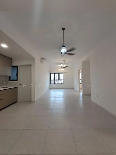 Room features: light-colored tiled flooring, white painted walls, ceiling with recessed lighting, 3-blade ceiling fan, 2 ceiling light fixtures, large windows, open layout, air conditioning unit; style: modern.