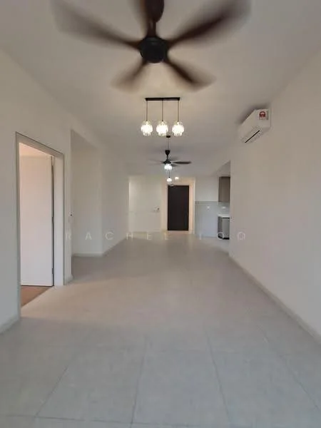 Living features: white painted walls, light grey tiled flooring, 5-blade ceiling fan with light, recessed downlights, wall-mounted split AC, open layout, doorway leading to another room, kitchen area visible in background; style: modern.