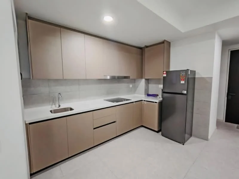 Kitchen features: light brown cabinetry, white countertop, stainless-steel single-bowl sink, chrome pull-down faucet, built-in cooktop, stainless-steel refrigerator, grey tile backsplash, recessed downlights, ceramic tile flooring; style: modern.