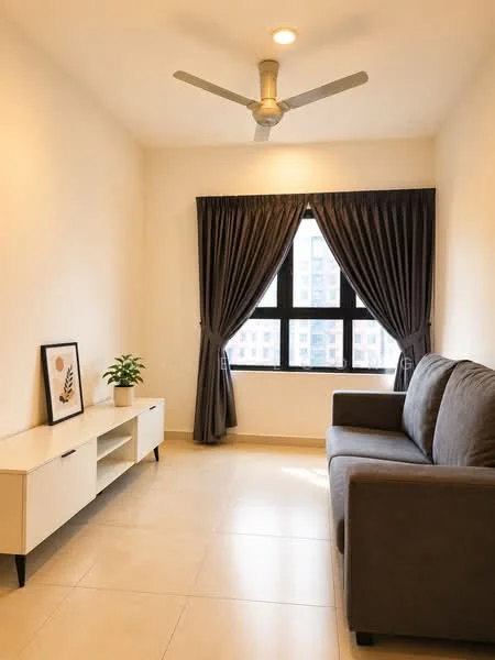 Living features: 3-seater fabric sofa in grey, white TV console with open shelving, floor-to-ceiling windows, blackout curtains, ceiling fan with light, decorative plant in ceramic pot, cream painted walls, tile flooring; style: modern.