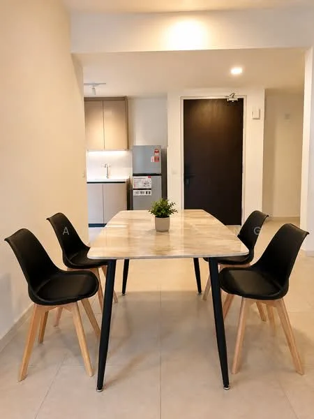 Dining features: marble dining table, 4 black dining chairs with wooden legs, tile flooring, refrigerator, kitchen cabinetry, door leading to hallway, decorative plant on table, neutral wall color; style: modern.