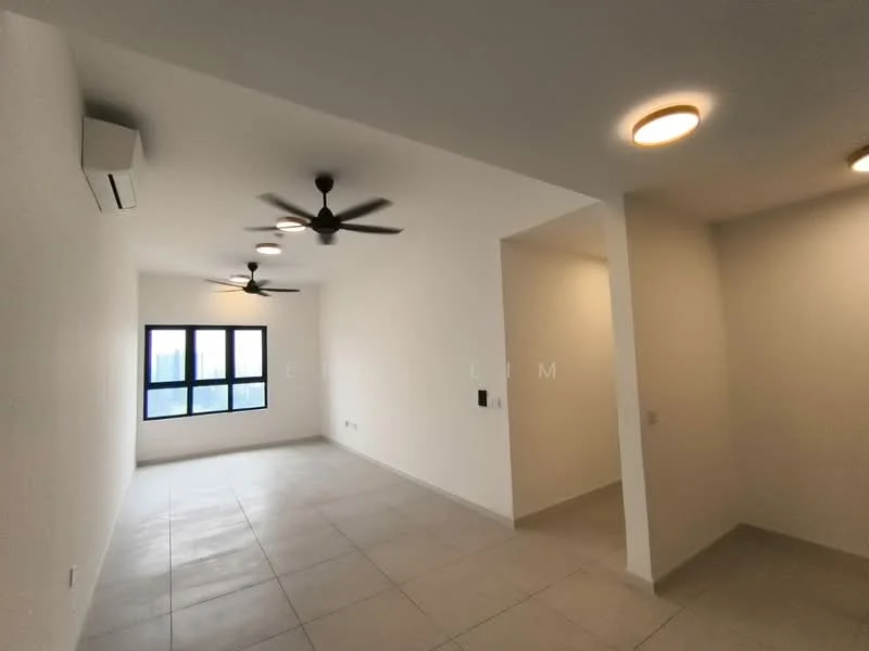 Living features: white painted walls, tile flooring, 5-blade ceiling fan with light, 5-blade ceiling fan with light, 1 wall-mounted split AC, large window with city view, recessed ceiling lights; style: modern; view: city. Room features: white painted walls, tile flooring, recessed ceiling lights.