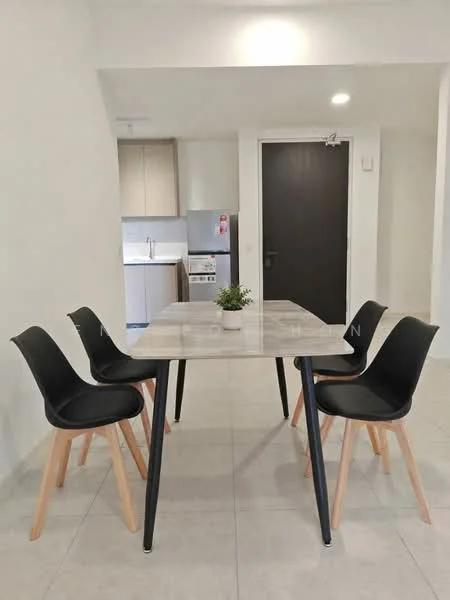 Dining features: 4-seater dining table with marble top, black plastic dining chairs with wooden legs, white painted walls, tile flooring, recessed downlights, kitchen visible in background, stainless-steel fridge, built-in kitchen cabinets, door leading to hallway; style: modern.