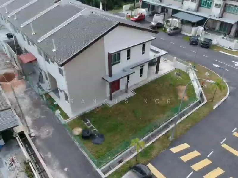 Exterior type: linked terrace house; features: two-storey building, grey painted facade, pitched tile roof, manicured lawn, paved walkway, surrounded by residential street, visible parking spaces, street lighting, curbside landscaping; style: modern.