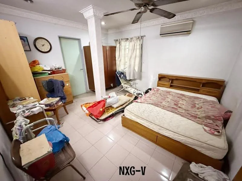 Bedroom features: queen-size bed with mattress, wooden bed frame, light-colored bedding, wooden wardrobe, chest of drawers, ceiling fan, wall-mounted air conditioning unit, curtains, tiled flooring, wall clock, decorative wall molding.