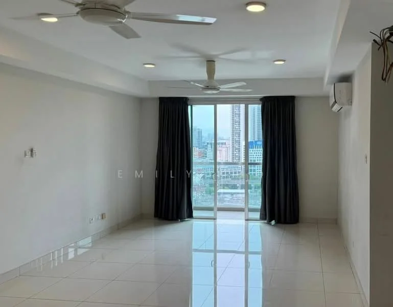 Living features: white painted walls, glossy tile flooring, 5-blade ceiling fan with light, floor-to-ceiling windows, sliding glass door, blackout curtains, air conditioning unit, city view; style: modern; view: city.