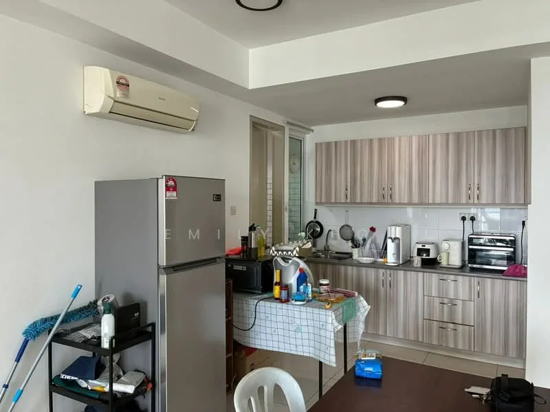 Kitchen features: stainless-steel fridge, built-in oven, microwave, toaster, kettle, black countertop, wood cabinetry with light finish, ceramic tile flooring, wall-mounted split AC, recessed downlights; style: modern. Dining features: wood dining table, plastic chair.