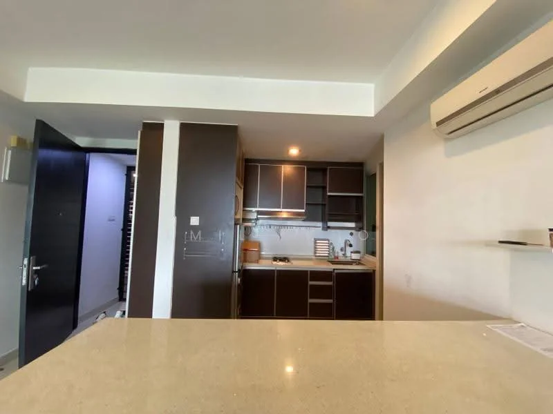 Kitchen features: dark wood cabinetry, granite countertop, single-bowl stainless-steel sink, chrome pull-down faucet, built-in oven, stainless-steel range hood, 4-burner gas hob, recessed downlights, wall-mounted split AC, tile flooring, open layout, kitchen island; style: modern.