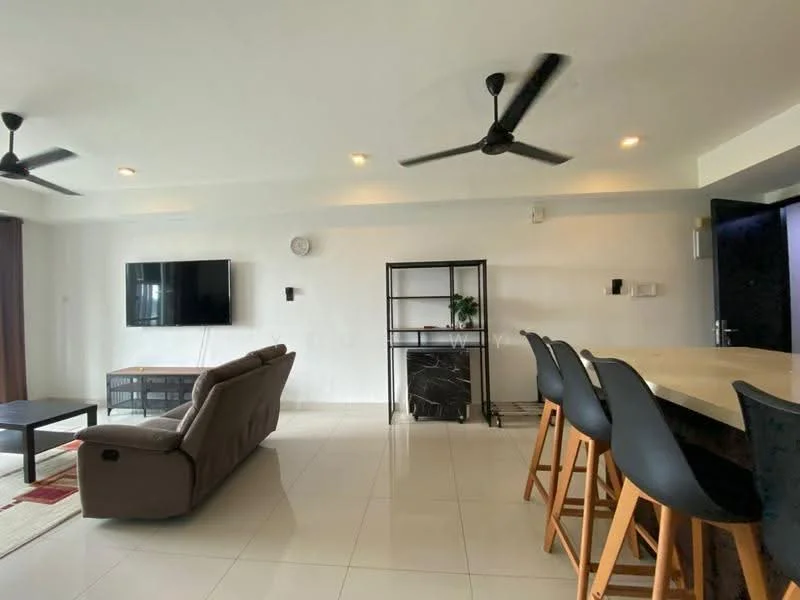 Living features: 3-seater fabric sofa in brown, wall-mounted TV, coffee table, bar counter with high stools, black marble accent table, 2 ceiling fans, white painted walls, white tile flooring, recessed downlights, large windows with sheer curtains; style: modern.