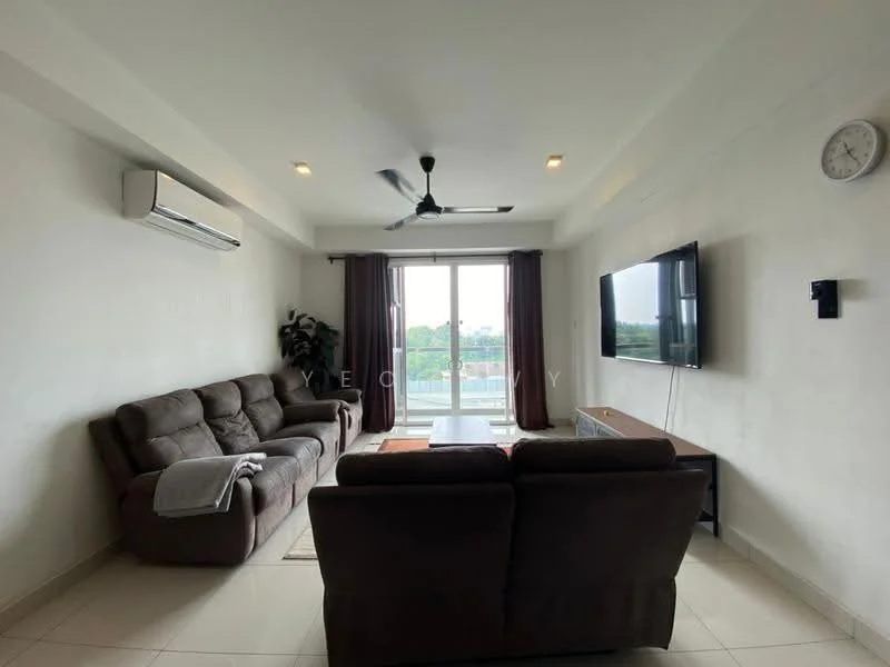 Living features: 3-seater fabric sofa in brown, 2-seater fabric sofa in brown, coffee table, wall-mounted TV, TV console, floor-to-ceiling windows, sliding glass door, 5-blade ceiling fan with light, air conditioning unit, decorative wall clock, area rug with geometric pattern, plant in ceramic pot, white painted walls, glossy tile flooring; style: modern; view: garden.
