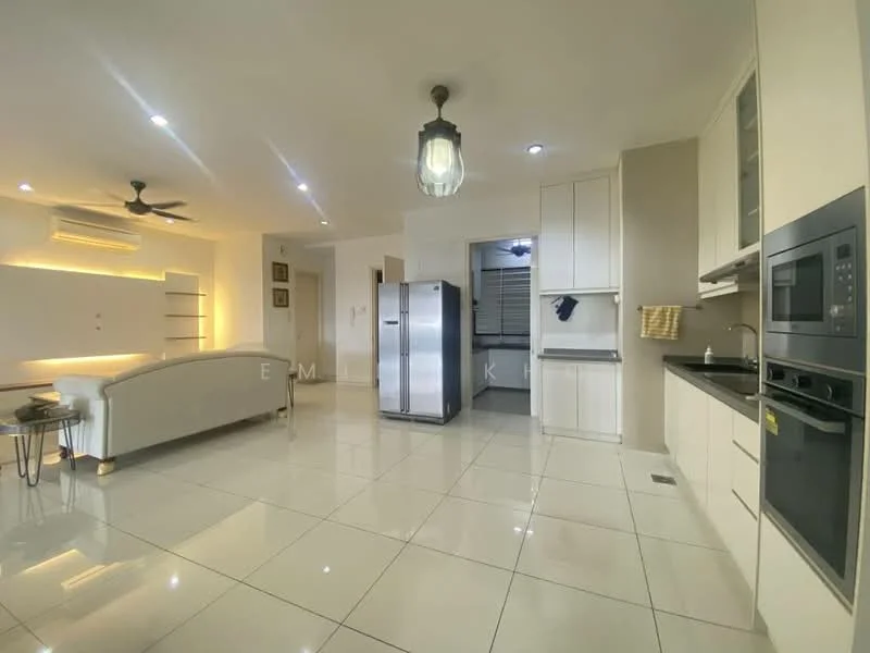 Living features: white painted walls, glossy tile flooring, 5-blade ceiling fan with light, sofa in white upholstery, coffee table, wall-mounted TV, built-in shelving unit, recessed LED downlights; style: modern. Kitchen features: stainless-steel fridge, built-in oven, microwave, black countertop, white cabinetry, kitchen island, recessed LED downlights; style: modern.