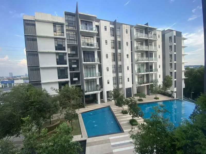 Exterior type: mid-rise condominium; features: white painted facade, glass curtain wall, recessed balconies, infinity pool, pool deck with loungers, landscaped garden with trees, stone-paved walkway; style: modern.