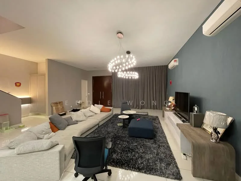 Living features: L-shape sectional sofa in light grey, area rug with dark grey color, coffee table, wall-mounted TV, TV console, chandelier with multiple bulbs, recessed downlights, white walls, dark blue accent wall, sliding glass door, floor-to-ceiling windows, air conditioning unit; style: modern.