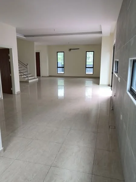 Room features: cream painted walls, glossy porcelain tile flooring, recessed downlights, large windows, staircase with metal railing, open layout, neutral color scheme, high ceiling; style: modern; view: garden.
