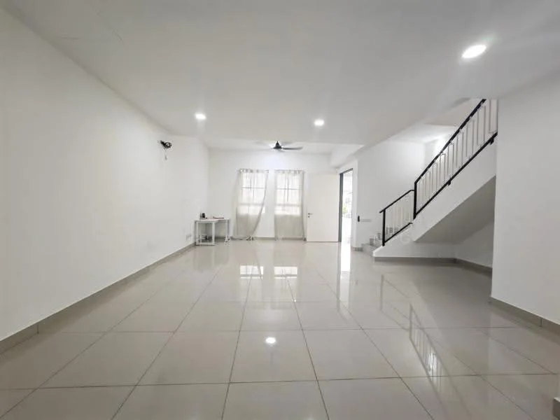 Living features: white painted walls, glossy ceramic tile flooring, recessed downlights, 5-blade ceiling fan, large windows with sheer curtains, open layout, staircase leading to upper floor, neutral color scheme; style: modern.