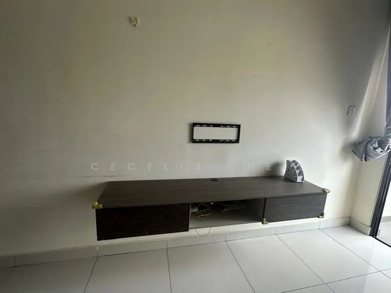 Room features: white painted walls, white floor tiles, wall-mounted TV console, dark wood TV cabinet, cable management hole, minimalist design, large window with sheer curtains; style: modern.