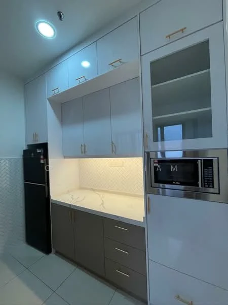 Kitchen features: white upper cabinets with gold handles, grey lower cabinets, marble countertop, built-in microwave, stainless-steel fridge, herringbone tile backsplash, recessed ceiling lights, white tile flooring; style: modern.