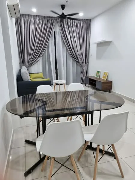 Dining features: glass dining table, 4 white dining chairs with wooden legs, white walls, grey curtains, floor-to-ceiling windows, polished tile flooring, ceiling fan, sofa in dark blue, green accent cushion, wooden TV console, decorative wall shelf; style: modern.