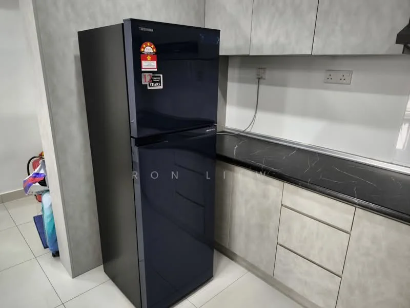 Kitchen features: black refrigerator, grey laminate cabinetry, black countertop, white tiled flooring, wall-mounted electrical outlets, stainless-steel sink, modern faucet, under-cabinet lighting; style: modern.