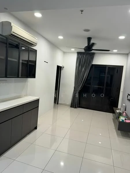 Living features: white painted walls, glossy tile flooring, 5-blade ceiling fan in black, wall-mounted air conditioning unit, floor-to-ceiling sliding glass door, grey curtains, built-in cabinetry with glass doors, white countertop, LED recessed downlights, open layout, TV console, decorative wall panel; style: modern.