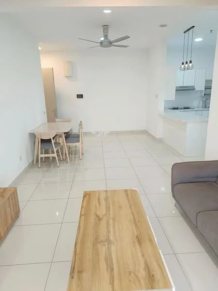 Living features: grey fabric sofa, wooden coffee table, white tiled flooring, 5-blade ceiling fan with light, dining table with 4 chairs, recessed downlights, open layout to kitchen, white painted walls; style: modern.