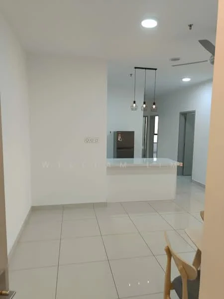 Room features: white painted walls, glossy tile flooring, recessed downlights, 3-blade ceiling fan, pendant lighting, kitchen island, stainless-steel fridge, open layout; style: modern.