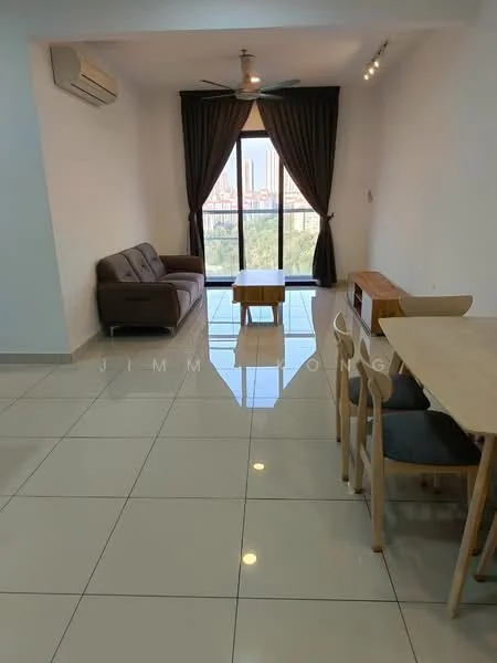 Living features: 3-seater fabric sofa in brown, wooden coffee table, 4-seater dining table, floor-to-ceiling windows, curtains in dark brown, wall-mounted split AC, recessed downlights, glossy ceramic tile flooring, neutral painted walls; style: modern; view: city.