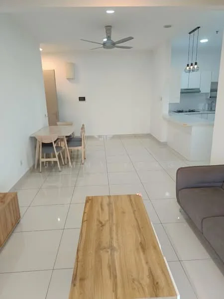 Living features: white painted walls, glossy ceramic tile flooring, 5-blade ceiling fan with light, sofa in grey fabric, wooden coffee table, dining table with 4 chairs, recessed downlights, open layout to kitchen, neutral color palette; style: modern.