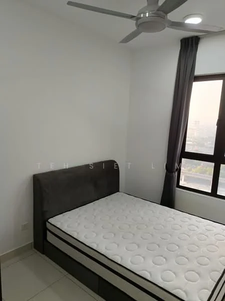 Bedroom features: queen-size bed, upholstered headboard, 5-blade ceiling fan with light, floor-to-ceiling window, blackout curtains, white painted walls, tile flooring, nightstand with drawer; style: modern; view: city.
