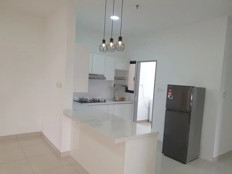 Kitchen features: white cabinetry, stainless-steel fridge, gas hob with 3 burners, stainless-steel sink, white quartz countertop, pendant lighting with exposed bulbs, wall-mounted kitchen hood, ceramic tile flooring, open layout, window for natural light; style: modern.