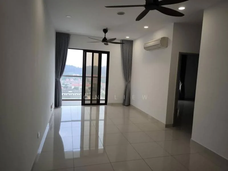 Living features: white painted walls, glossy ceramic tile flooring, 2 ceiling fans, floor-to-ceiling windows, sliding glass door, grey curtains, wall-mounted split AC, recessed downlights; style: modern; view: mountain.