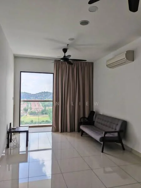 Living features: large window with mountain view, floor-to-ceiling curtains, 2-seater fabric sofa in grey, wall-mounted TV console, ceramic tile flooring, recessed ceiling lights, 2-blade ceiling fan, wall-mounted split AC; style: modern; view: mountain.