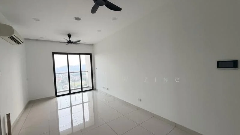 Living features: white painted walls, glossy ceramic tile flooring, 5-blade ceiling fan with light, floor-to-ceiling windows, sliding glass door, mountain view, wall-mounted air conditioning unit, smart thermostat; style: modern; view: mountain.