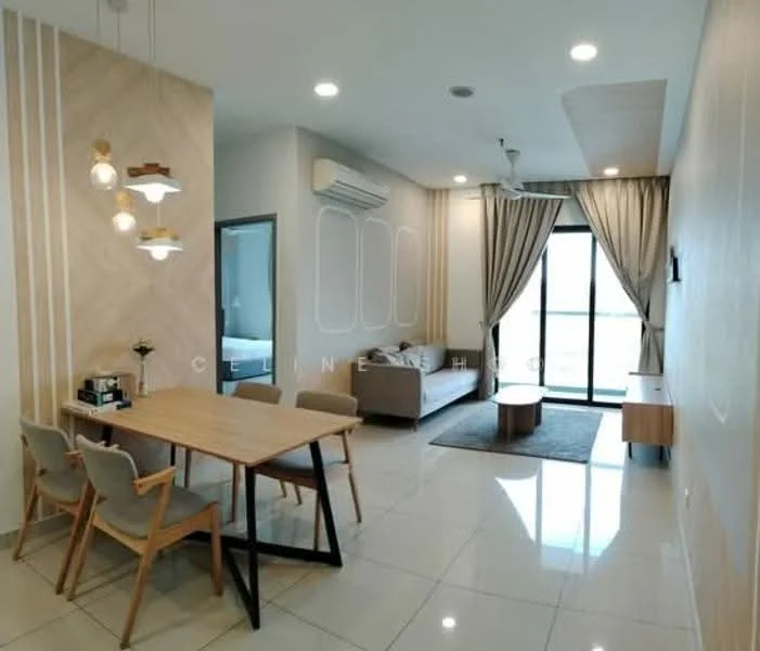 Living features: grey fabric sofa, wooden coffee table, dining table with black metal legs, 4 wooden dining chairs, floor-to-ceiling windows, sheer curtains, recessed downlights, air conditioning unit, light wood accent wall, white painted walls, tile flooring, area rug with geometric pattern; style: modern; view: city.