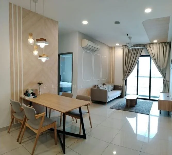 Living features: grey fabric sofa, wooden coffee table, area rug, dining table with 4 chairs, pendant lighting, wall-mounted TV console, floor-to-ceiling windows, sheer curtains, air conditioning unit, light wood accent wall, glossy tile flooring; style: modern; view: city.