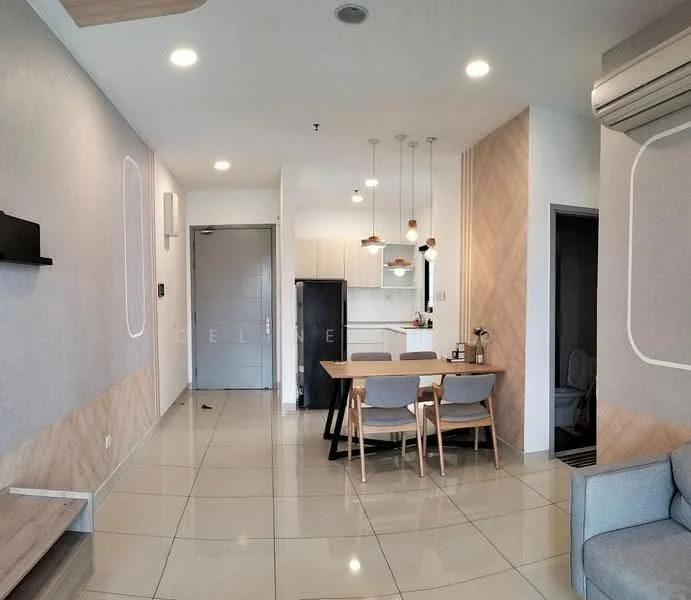Living features: white painted walls, light grey accent wall, glossy tile flooring, recessed downlights, pendant lights over dining table, dining table with four chairs, black refrigerator, kitchen area visible in background, air conditioning unit on wall, open layout, wood paneling on one wall, doorway leading to other rooms; style: modern.
