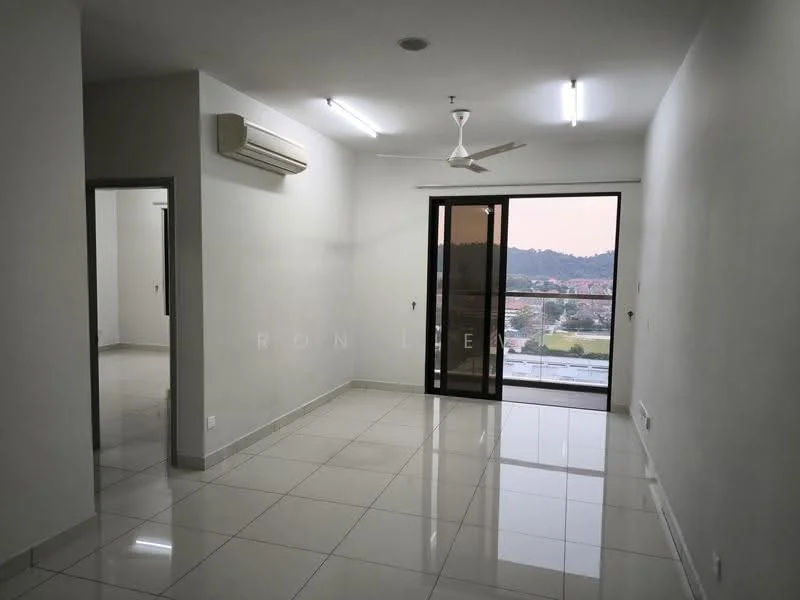 Living features: white painted walls, glossy ceramic tile flooring, 5-blade ceiling fan with light, wall-mounted split AC, floor-to-ceiling sliding glass door, city view, recessed ceiling lights, neutral color scheme; style: modern; view: city.