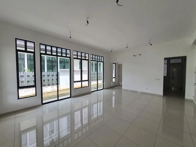 Living features: white painted walls, glossy ceramic tile flooring, floor-to-ceiling windows, multiple windows with black frames, recessed downlights, sliding glass door, neutral color palette, open layout; style: modern; view: garden.
